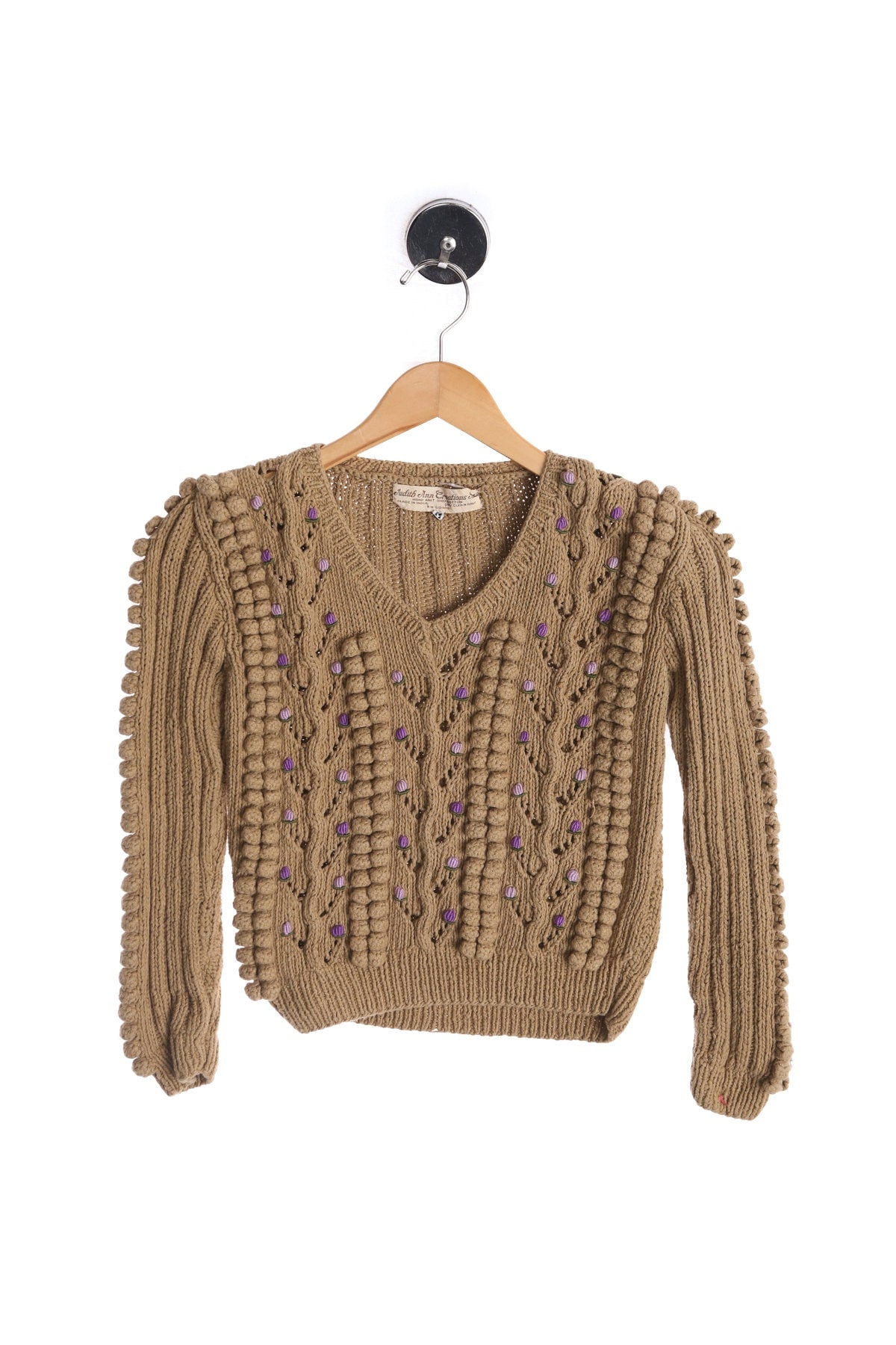 Vintage Brown V Neck Women Sweater with Purple Knitted Balls - Era 70's - 80s - by Judith Ann Creations