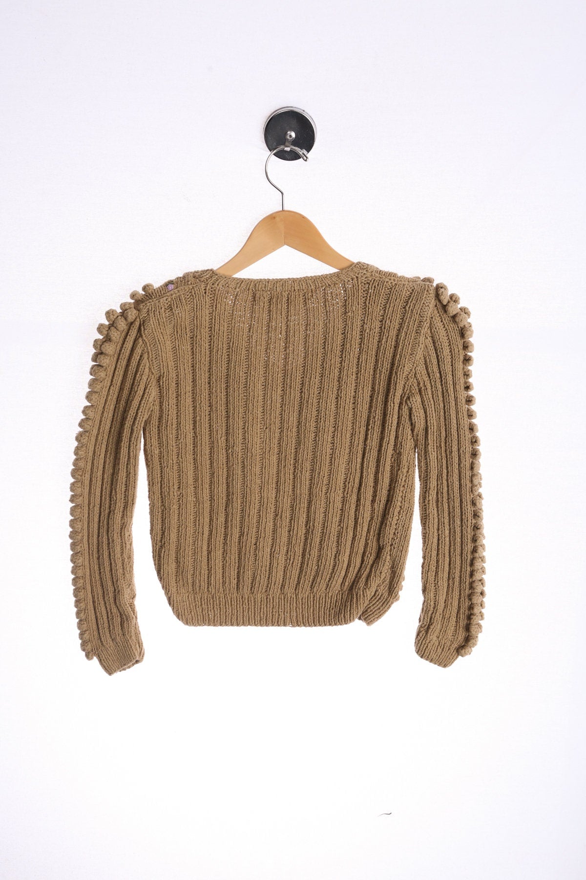 Vintage Brown V Neck Women Sweater with Purple Knitted Balls - Era 70's - 80s - by Judith Ann Creations