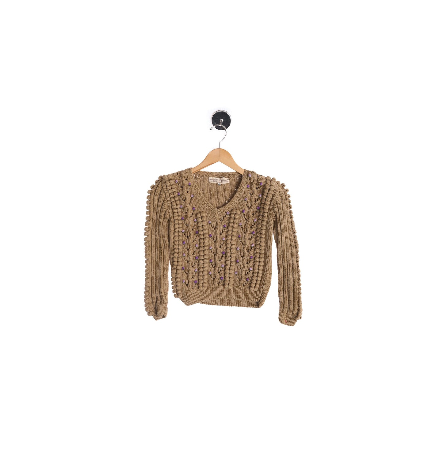 Vintage Brown V Neck Women Sweater with Purple Knitted Balls - Era 70's - 80s - by Judith Ann Creations