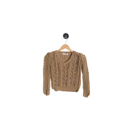 Vintage Brown V Neck Women Sweater with Purple Knitted Balls - Era 70's - 80s - by Judith Ann Creations