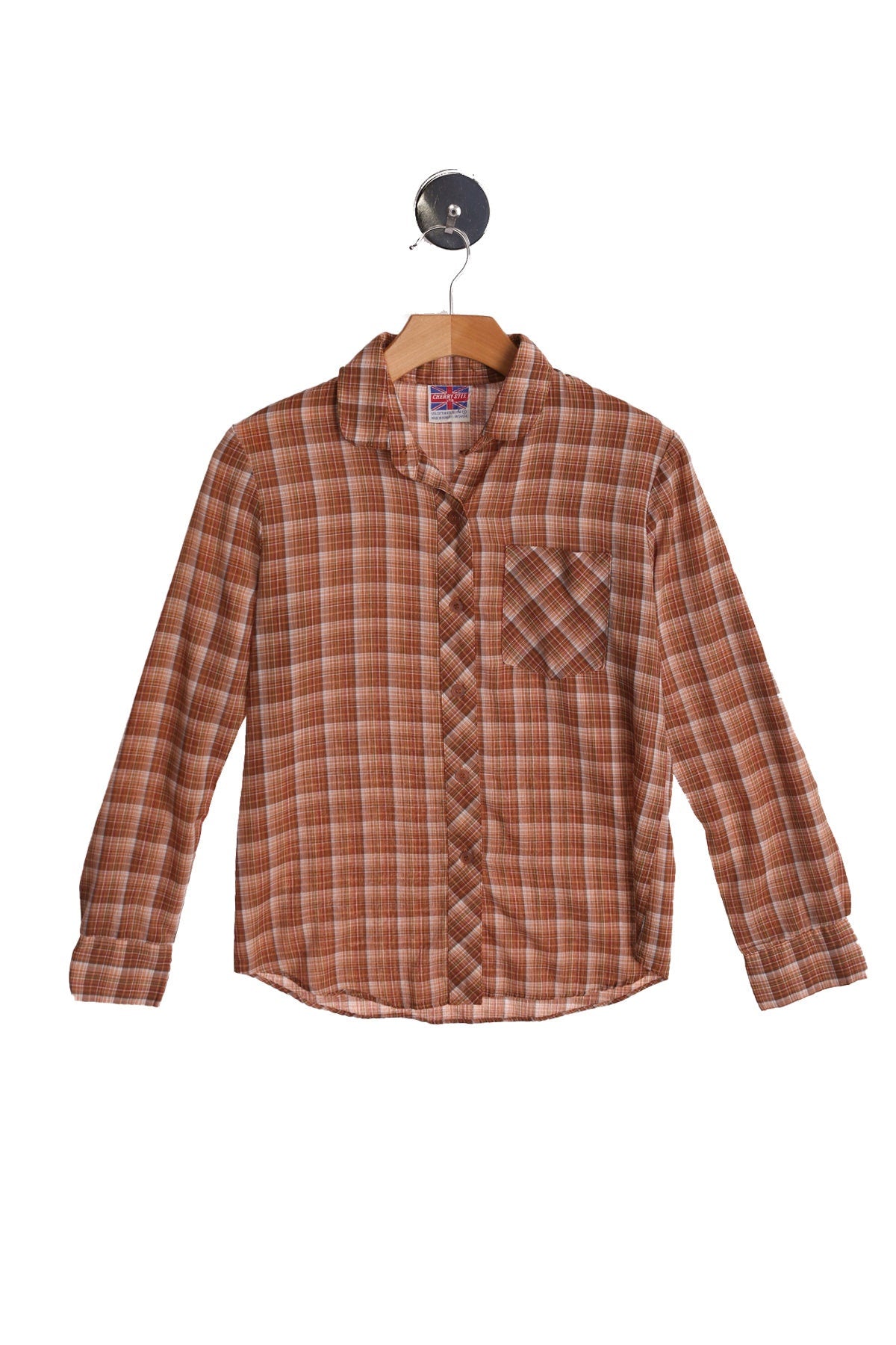 70's Women Brown Plaid Casual Button Up Blouse