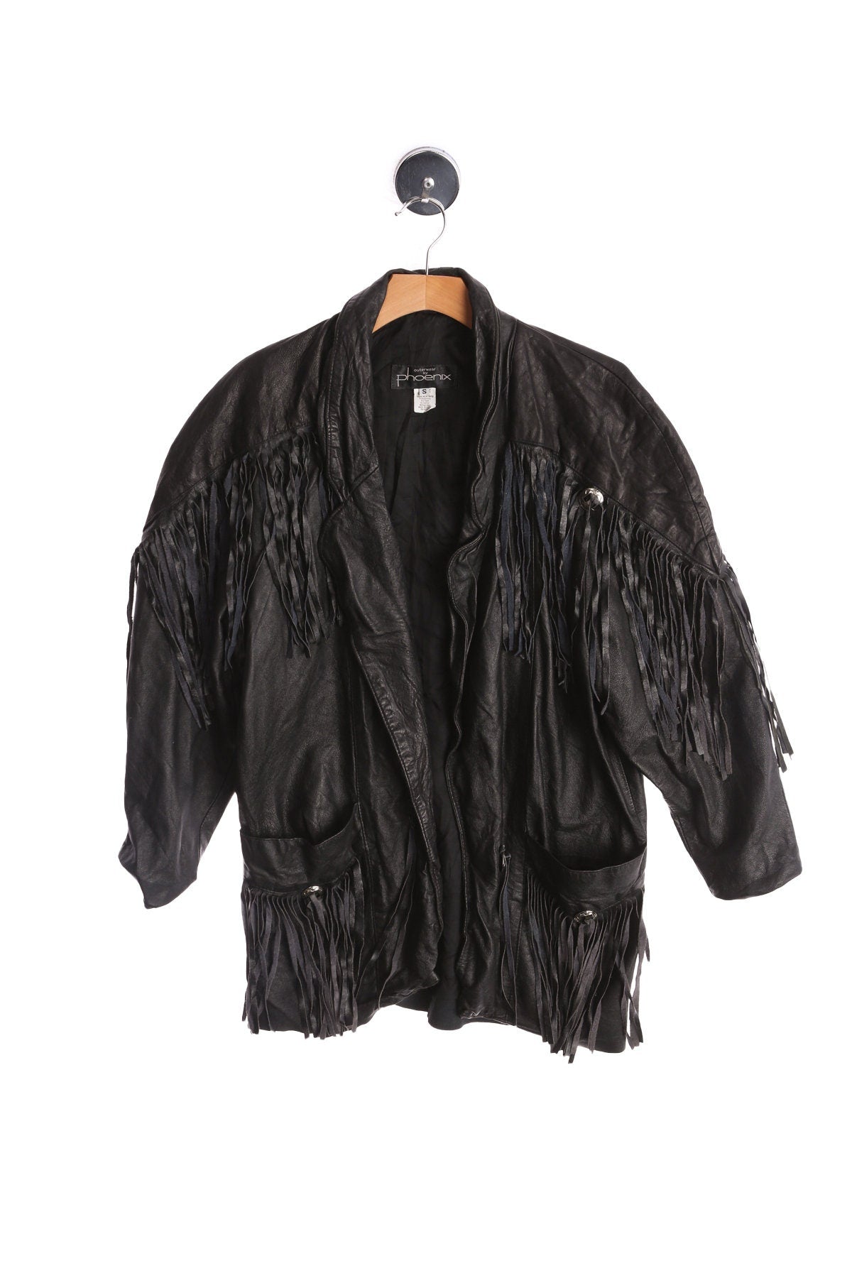 Women Black Fringe Leather Jacket - Western Style - Era 80s - 90s
