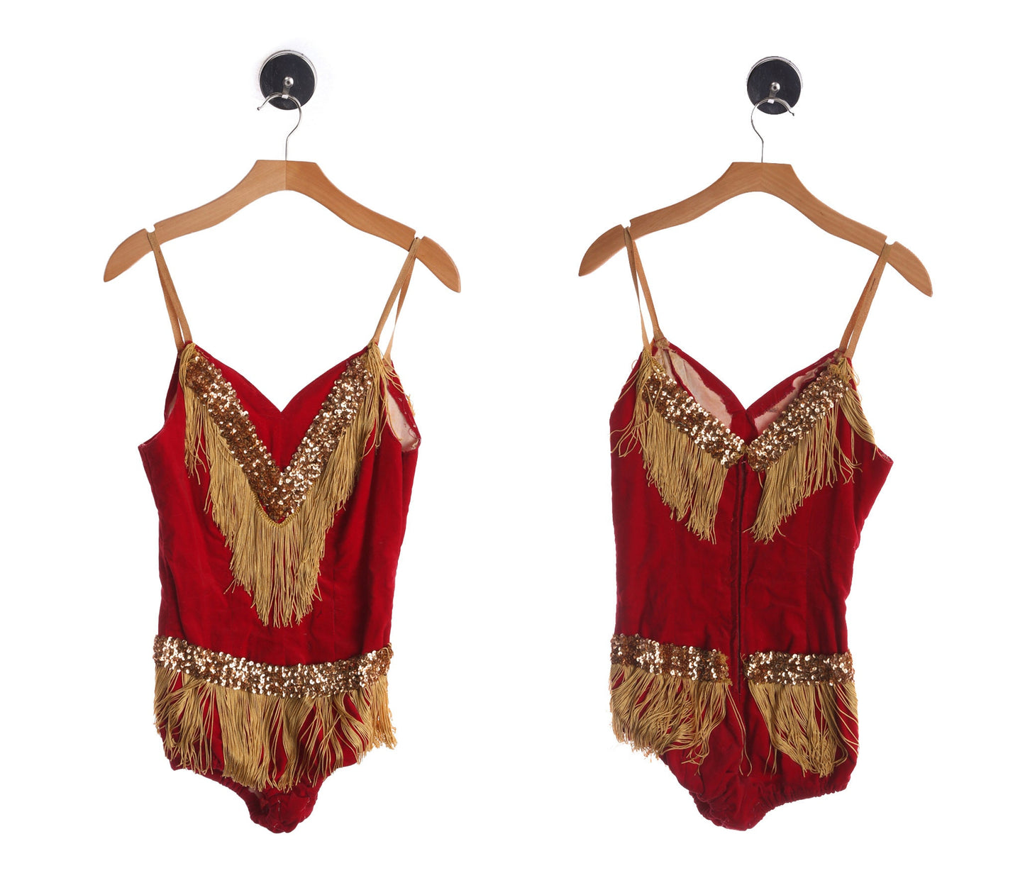 Women Red Velvet Leotard with Golden Fringe Details - Era 50s - 60s