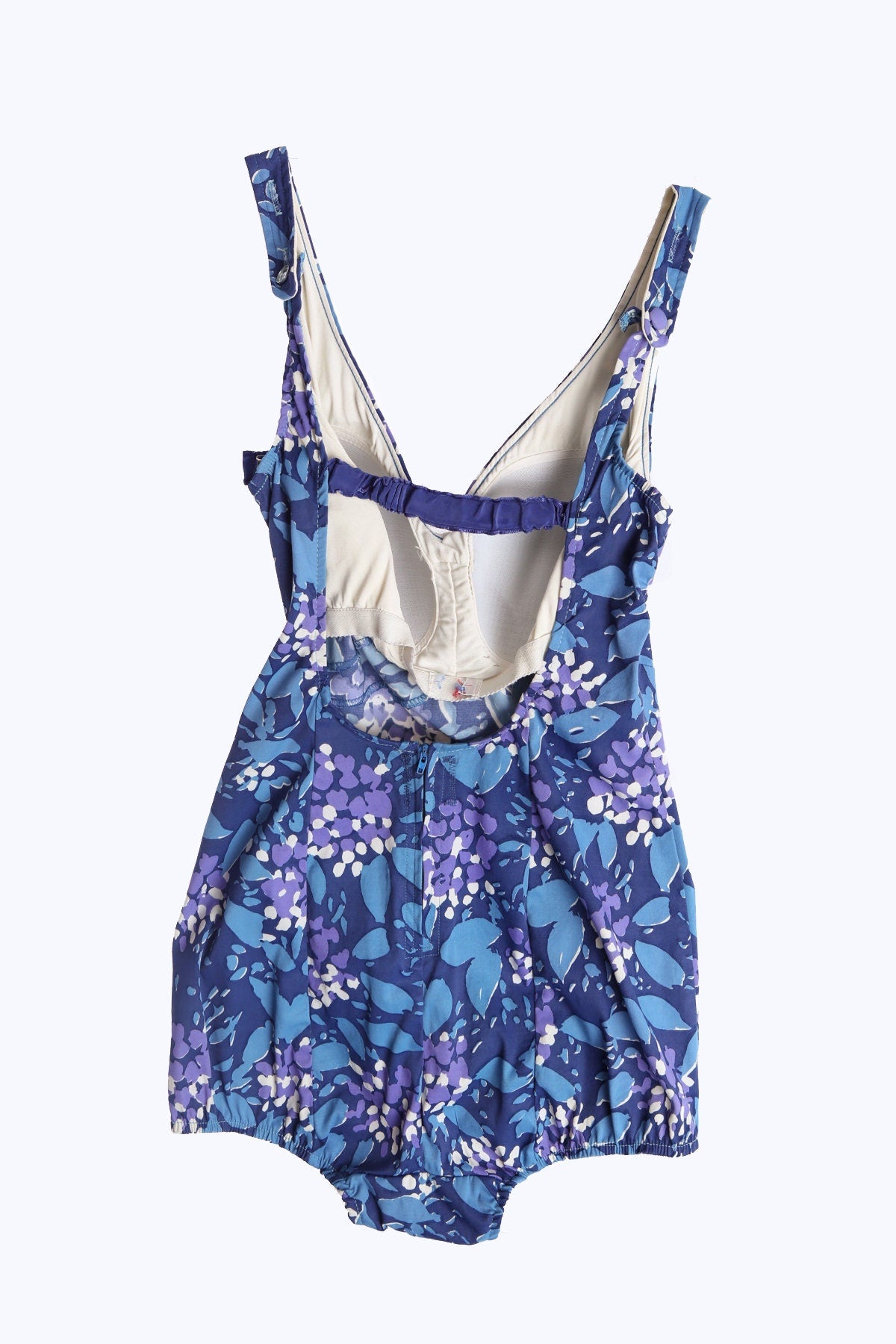 Vintage Women Swimsuit with Blue and Purple Floral Print