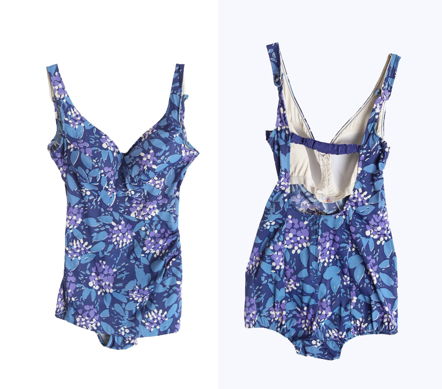 Vintage Women Swimsuit with Blue and Purple Floral Print