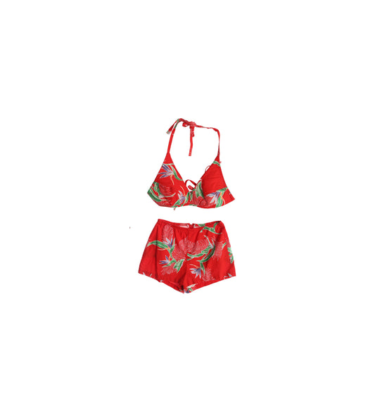 Vintage Women Two Piece Bikini Suit with Floral Red Print by Royal Palm Hawaii (Women's Small Size)