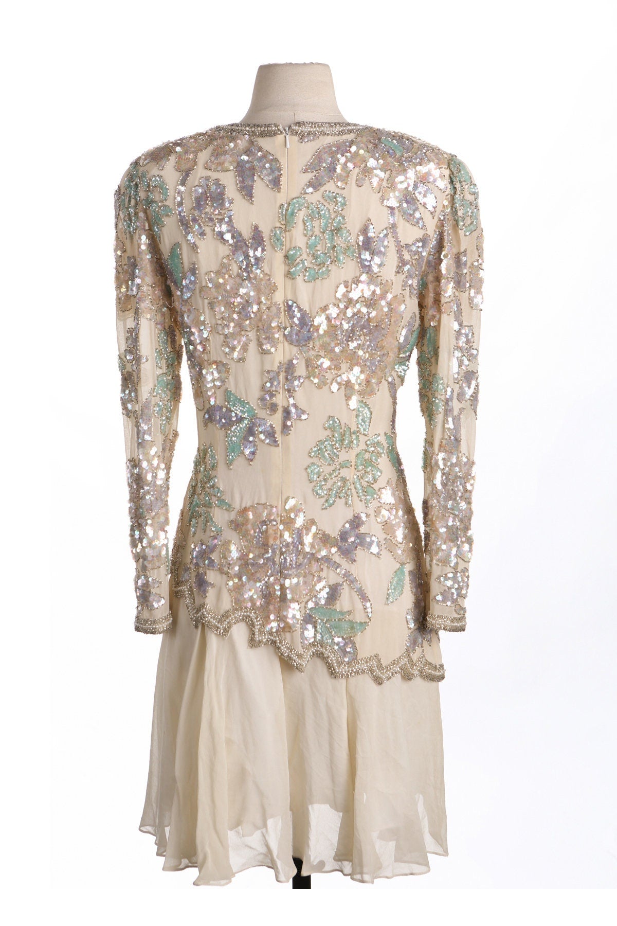 Vintage Women Beige Sequin Floral Design Long Sleeve Dress