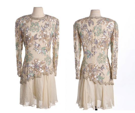 Vintage Women Beige Sequin Floral Design Long Sleeve Dress