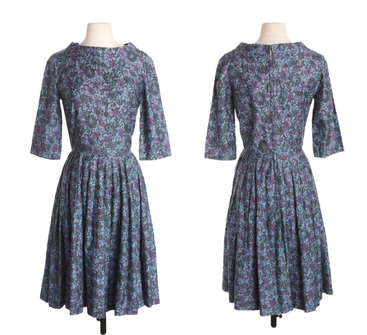 Women 1950s Blue Floral Print Casual Dress