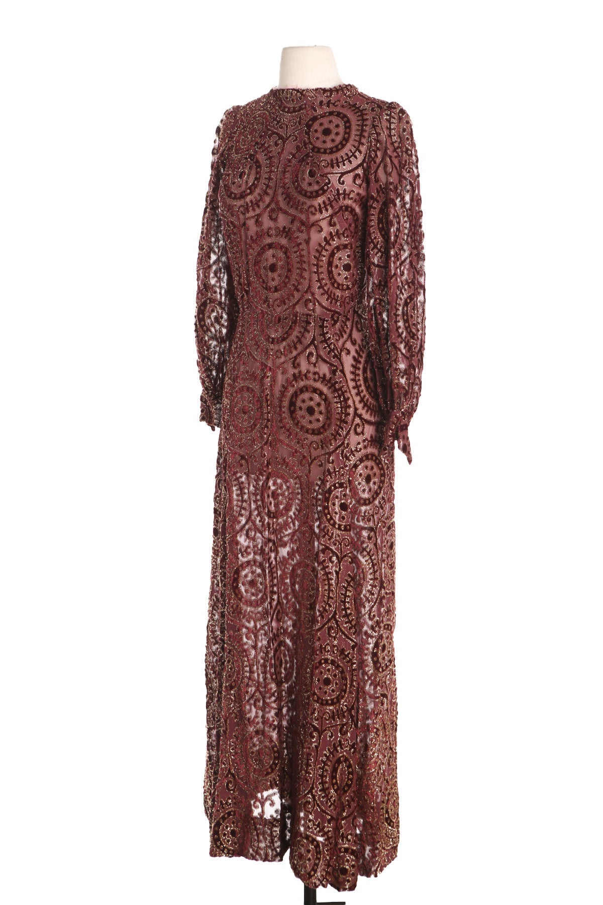 Women Red Sheer Polyester Dress with Golden and Red Velvet Design Details - Era 70s - 80s
