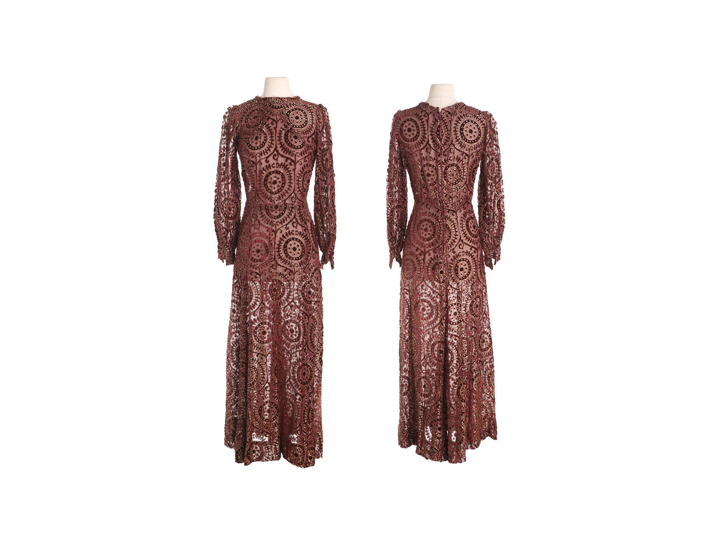 Women Red Sheer Polyester Dress with Golden and Red Velvet Design Details - Era 70s - 80s