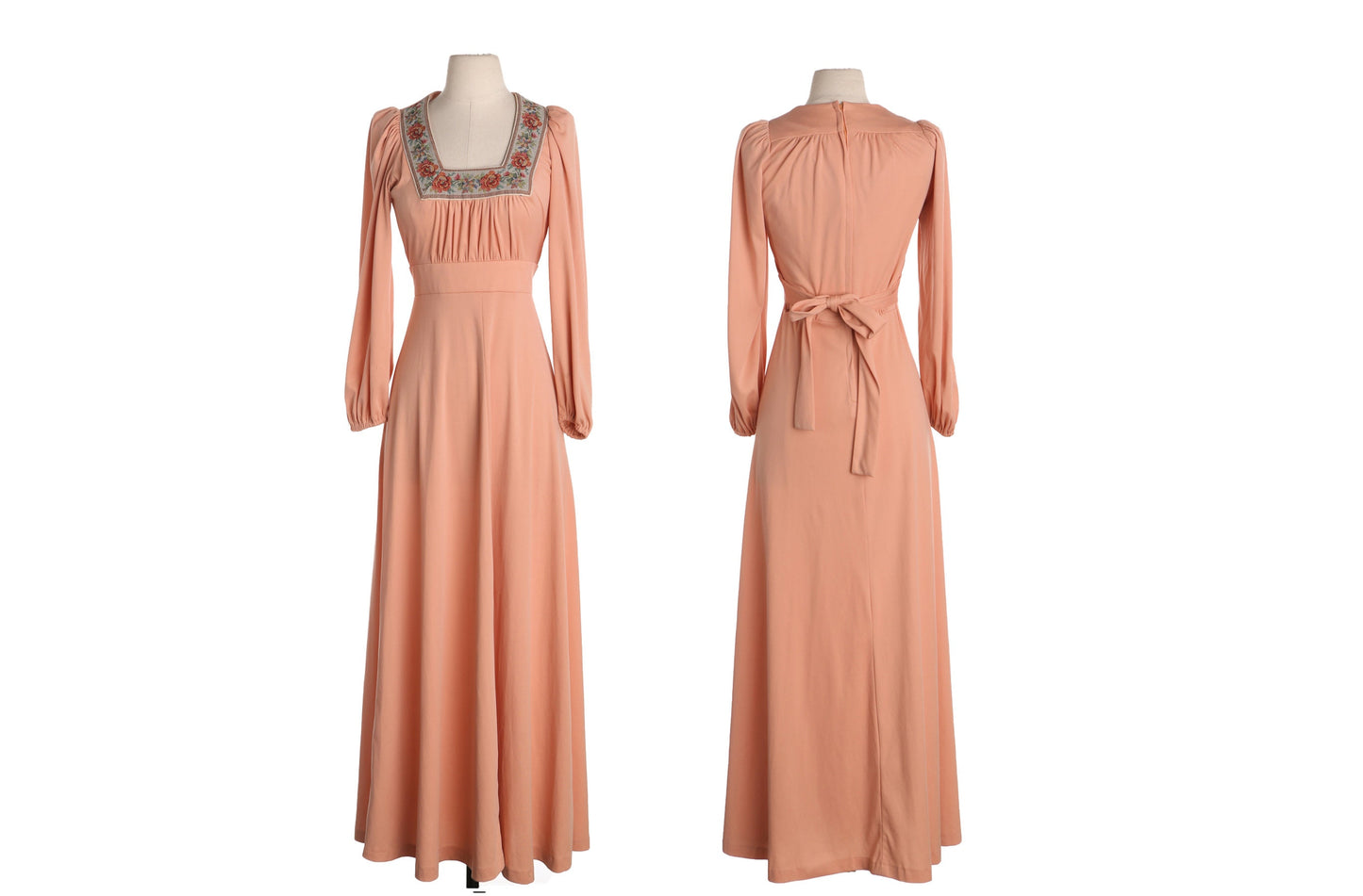 1970s Women Long Pink Boho Dress with Floral Patch Collar Detail