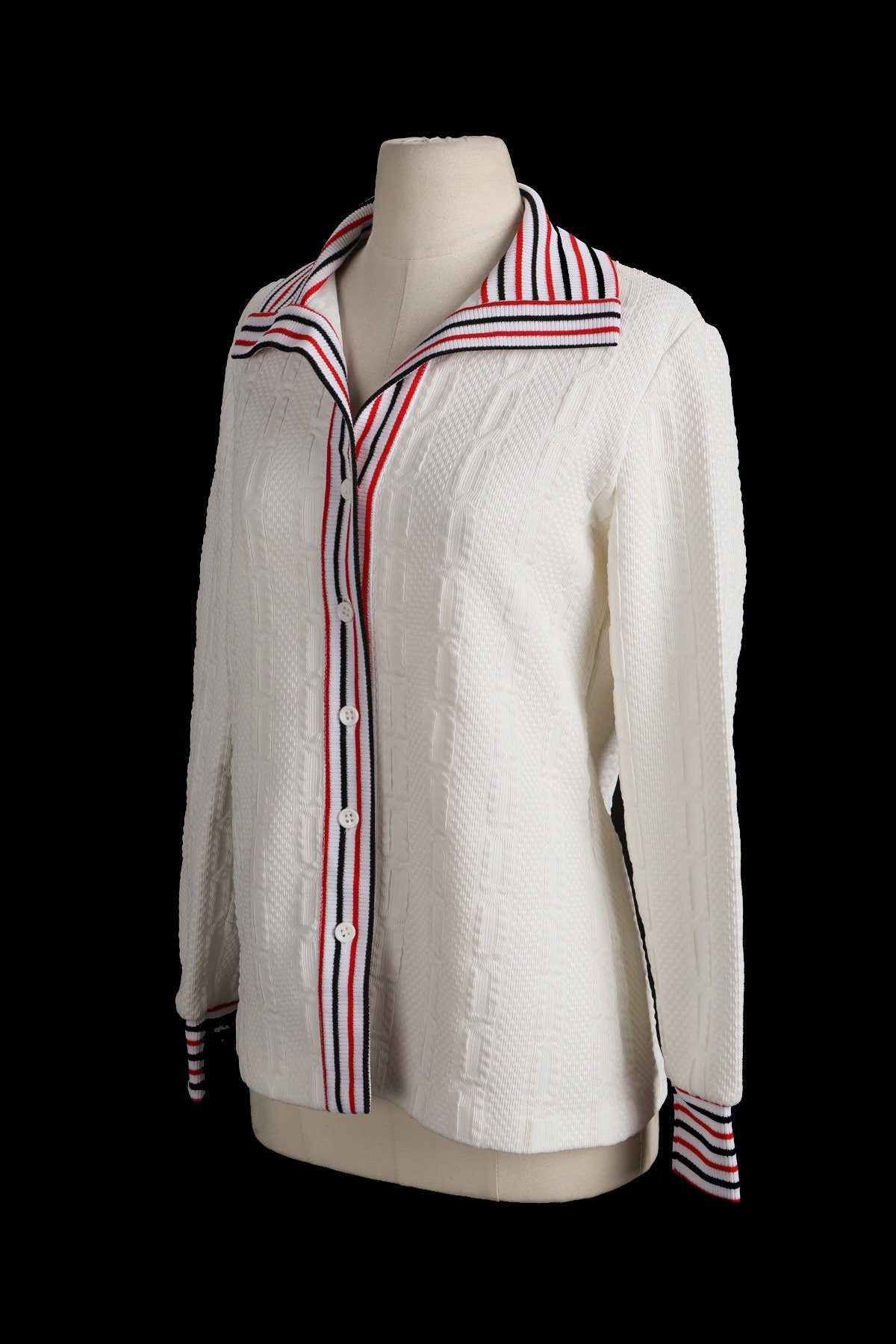 70's Women White Collared Striped Seam Button Up Long Sleeve Mod Top