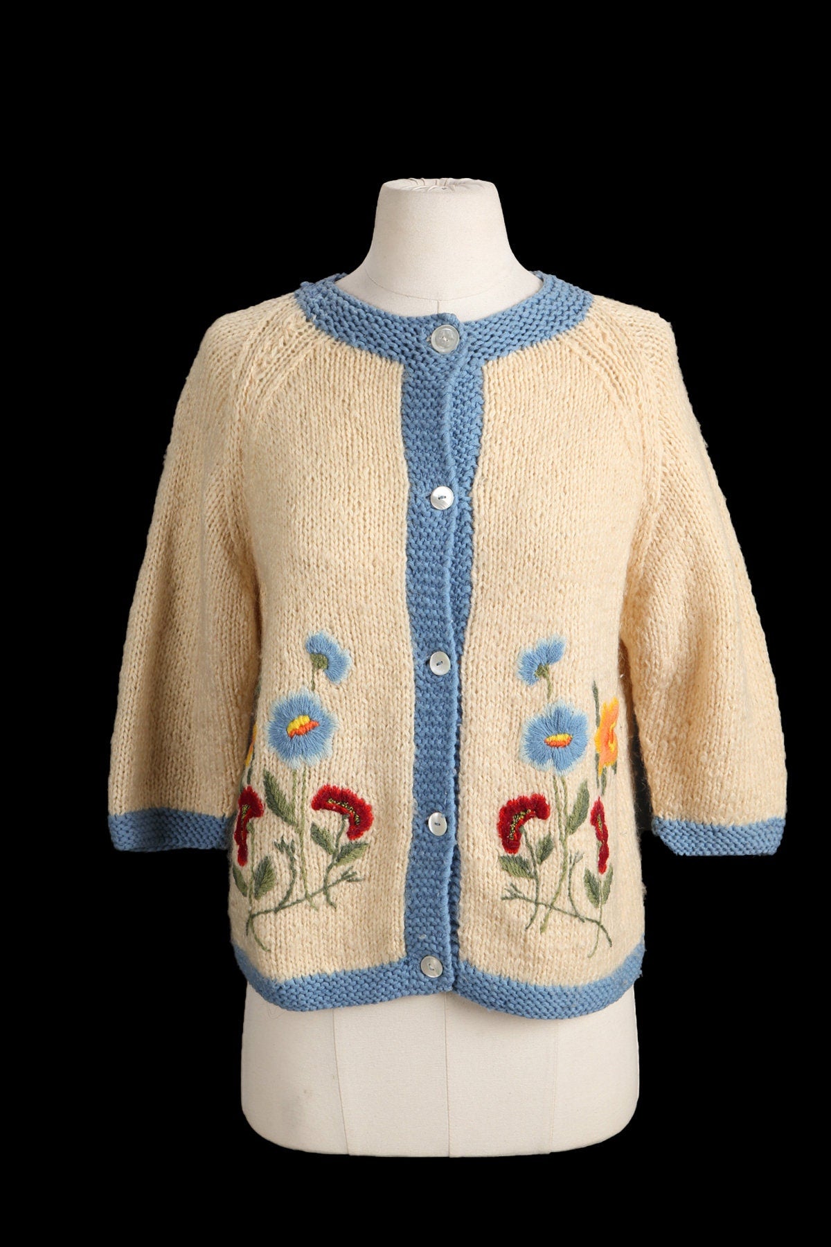 Vintage Women Button Up Embroidered Flowers by Marchessa - Era 60's - 70's