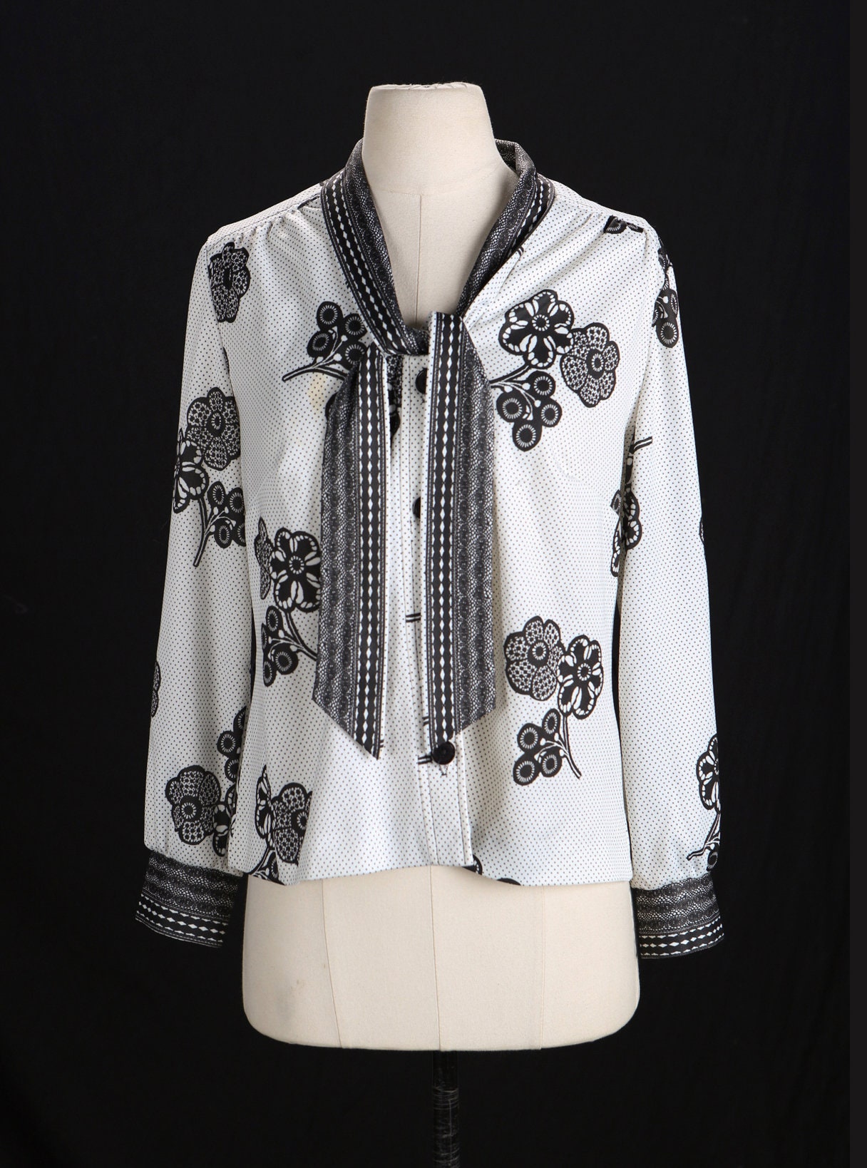 70's Women White Polyester Top with Black Floral Print