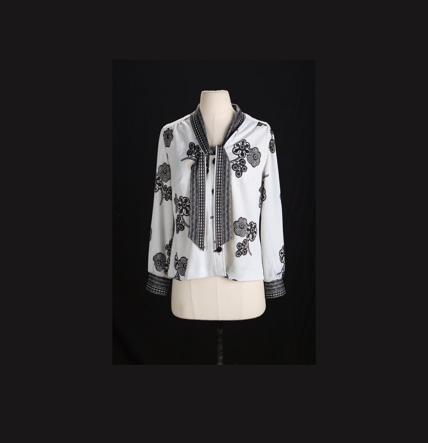 70's Women White Polyester Top with Black Floral Print