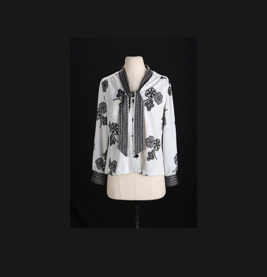 70's Women White Polyester Top with Black Floral Print