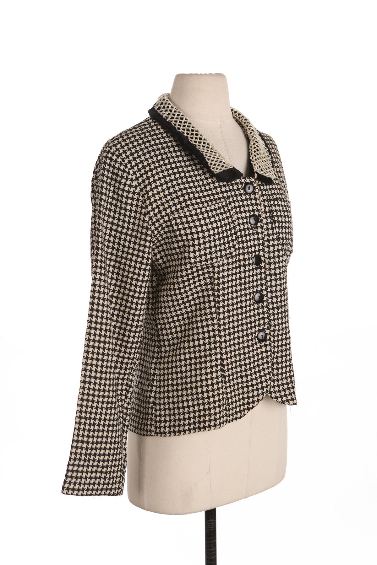Women Houndstooth Print Casual Jacket with Collared Pearl Embroidered Details