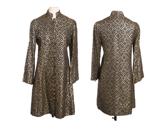 Women Black Dress with Golden Fabric Geometrical Print - Mr. Mort by Stan Herman - Era 70s - 80s