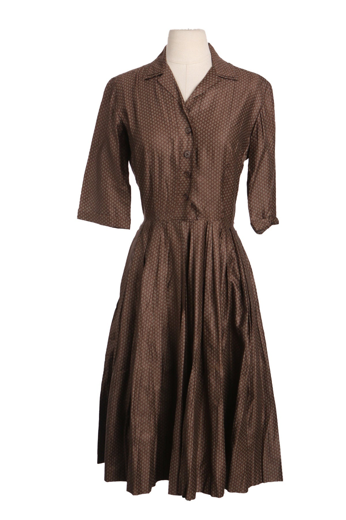 50s Women Brown Casual Short Sleeve Dress with Black Small Striped fabric Details