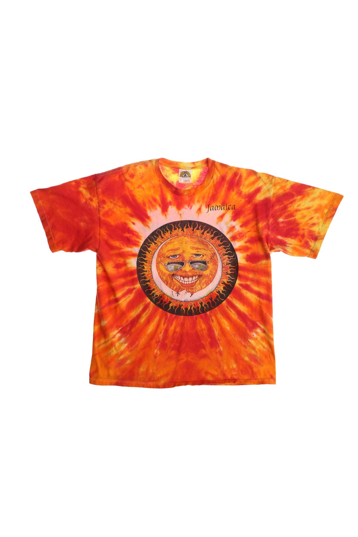 Jamaica Sun and Moon Face Red and Yellow Tie Dye Graphic T-shirt