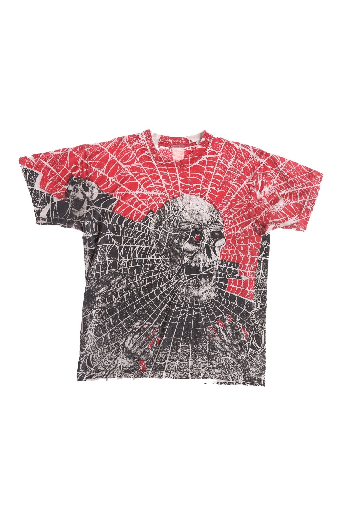 Vintage Block Print Spider Web Skull Red and Black Print T-shirt