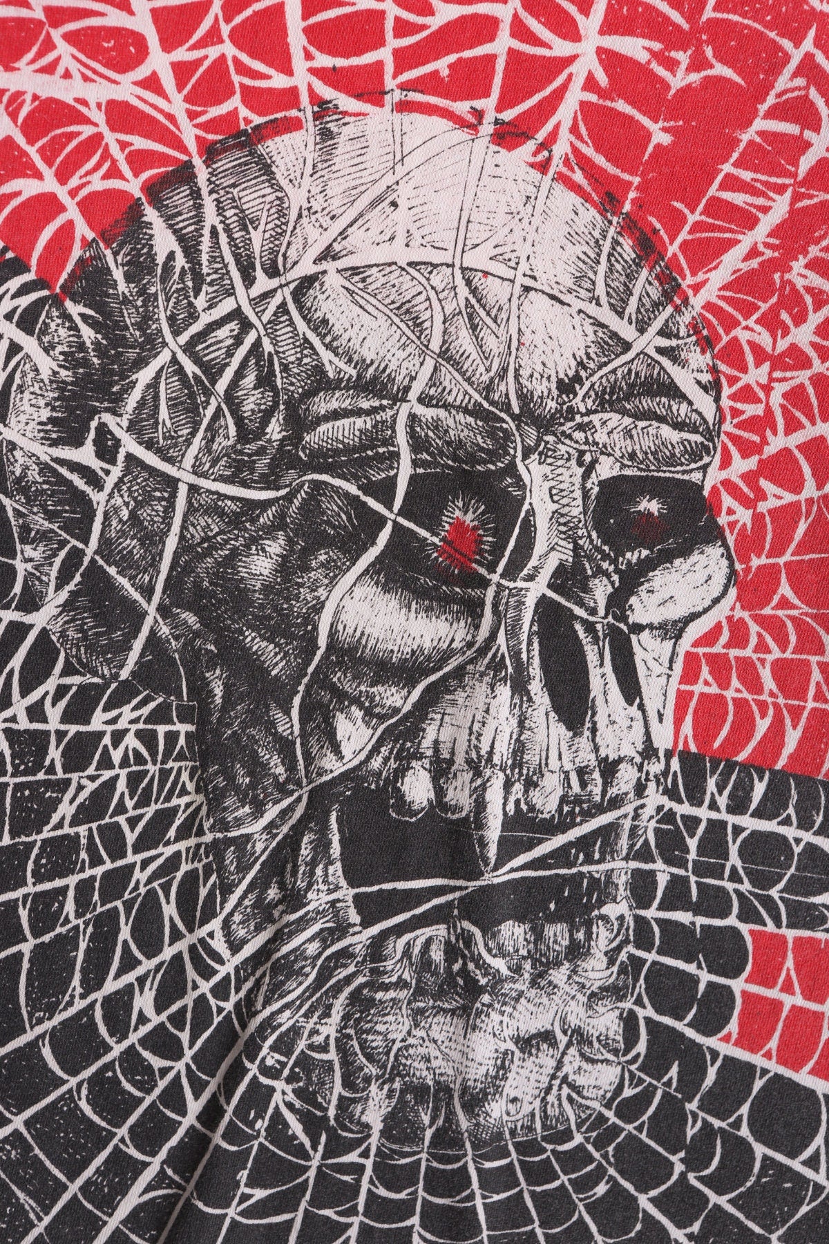 Vintage Block Print Spider Web Skull Red and Black Print T-shirt