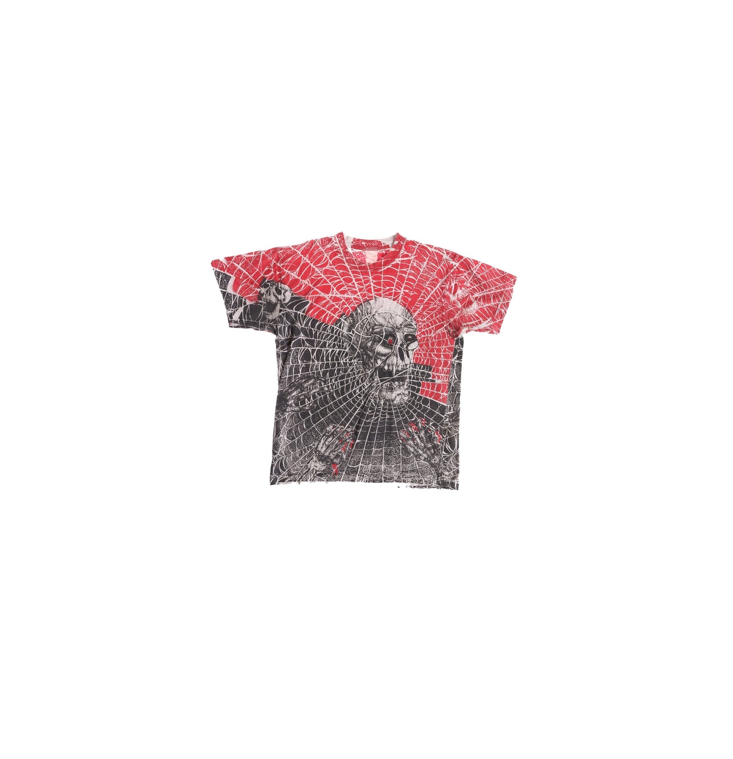 Vintage Block Print Spider Web Skull Red and Black Print T-shirt