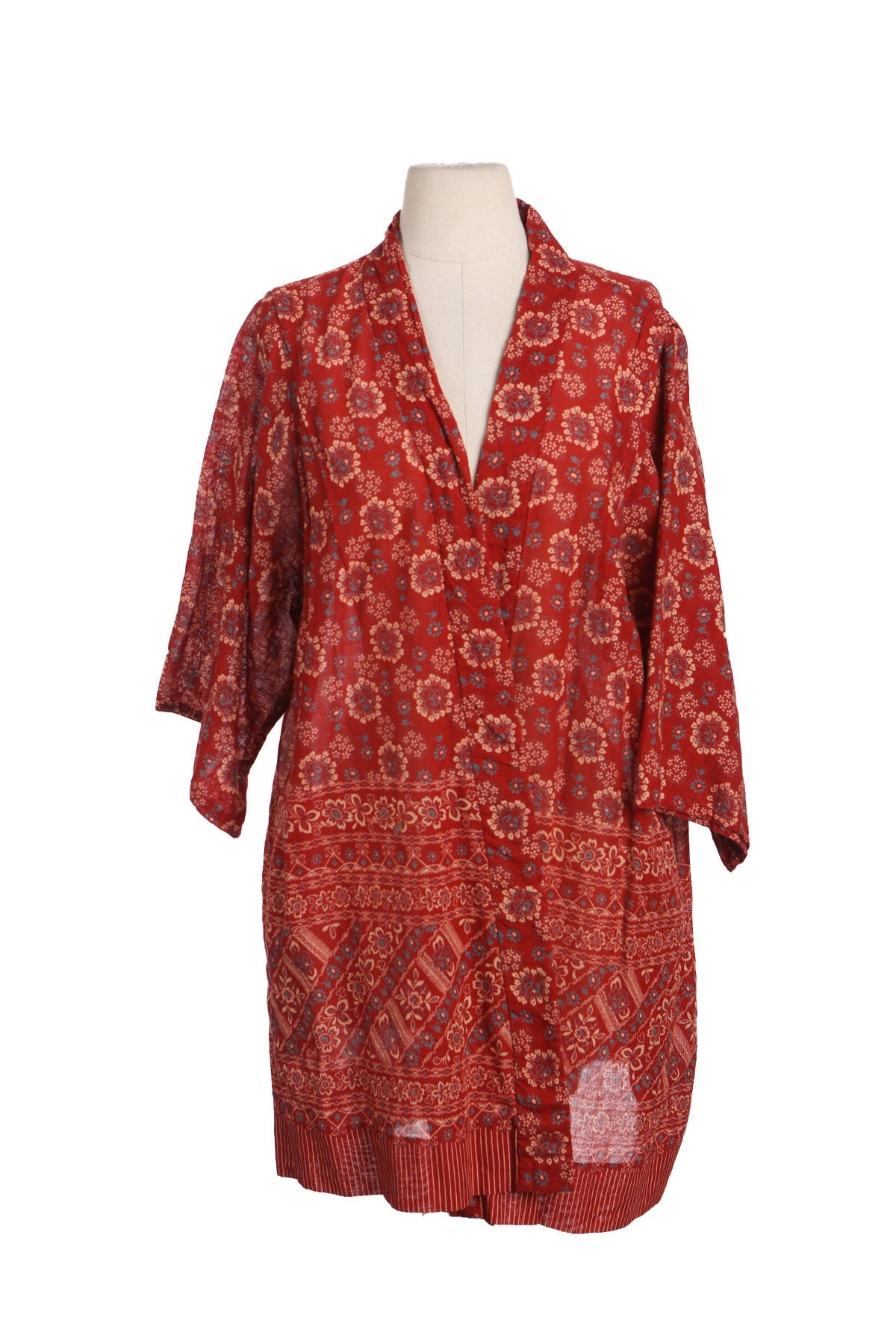 Vintage Women Red Floral Print Rayon Robe