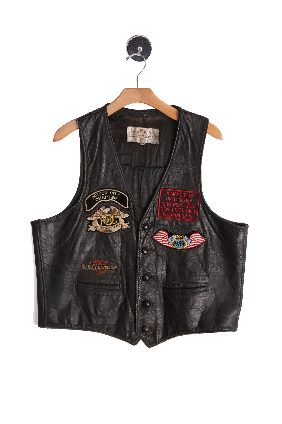 Vintage Biker Leather Vest with Motorcycle Patches - Era 70s - 80s