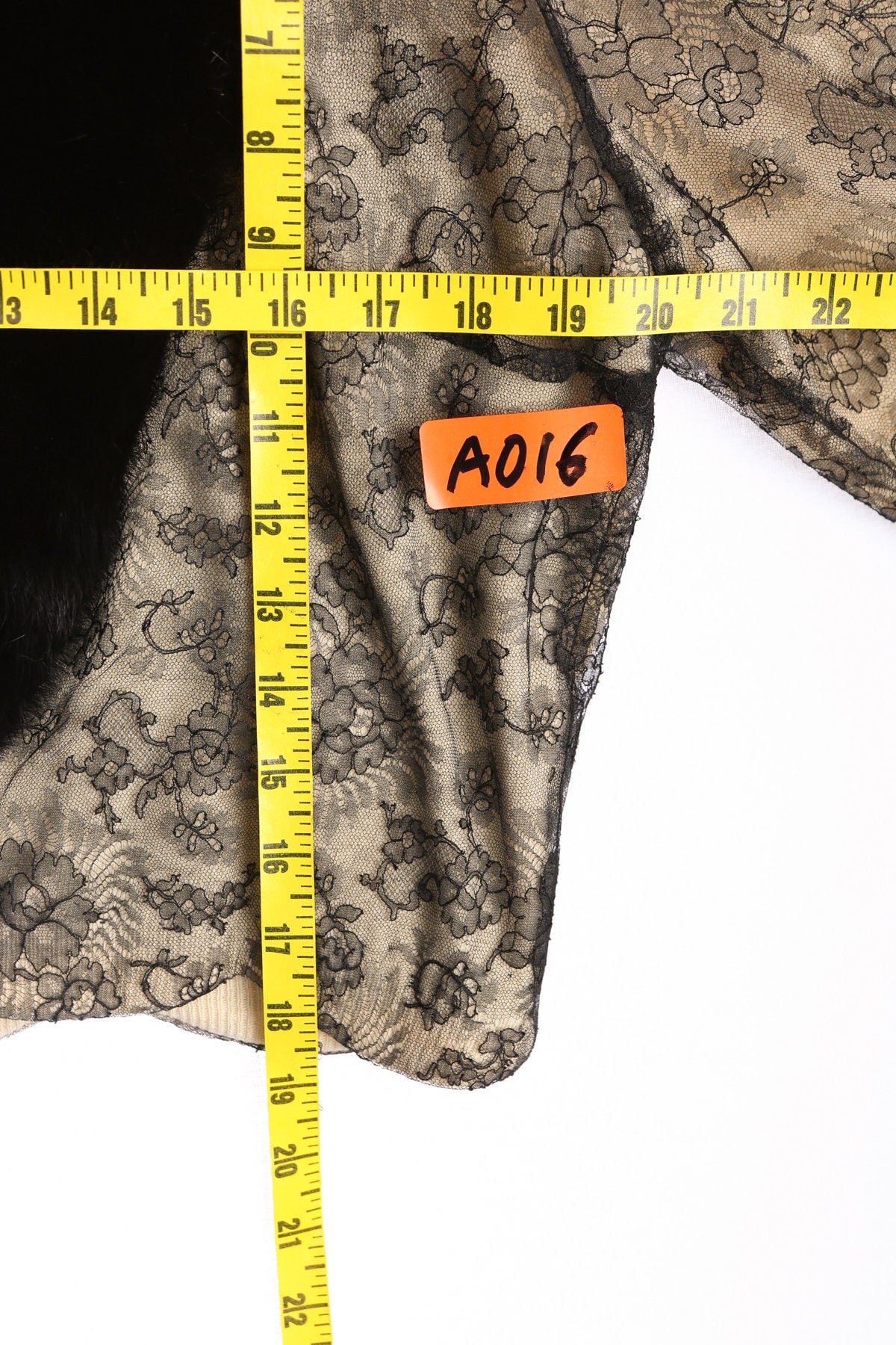 Woman Beige Cardigan Sweater with Black Fur Collar and Black Lace Floral Outside Lining