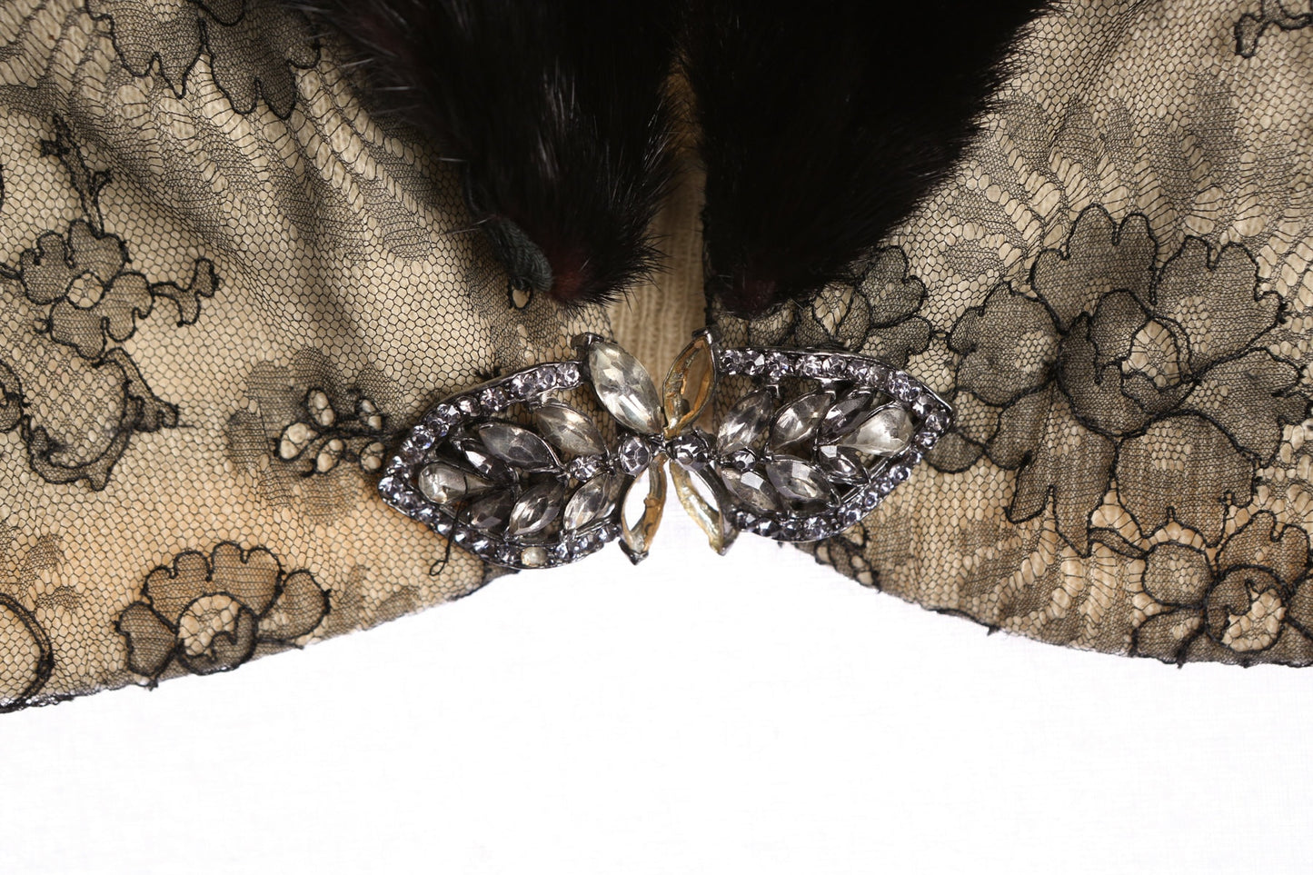 Woman Beige Cardigan Sweater with Black Fur Collar and Black Lace Floral Outside Lining