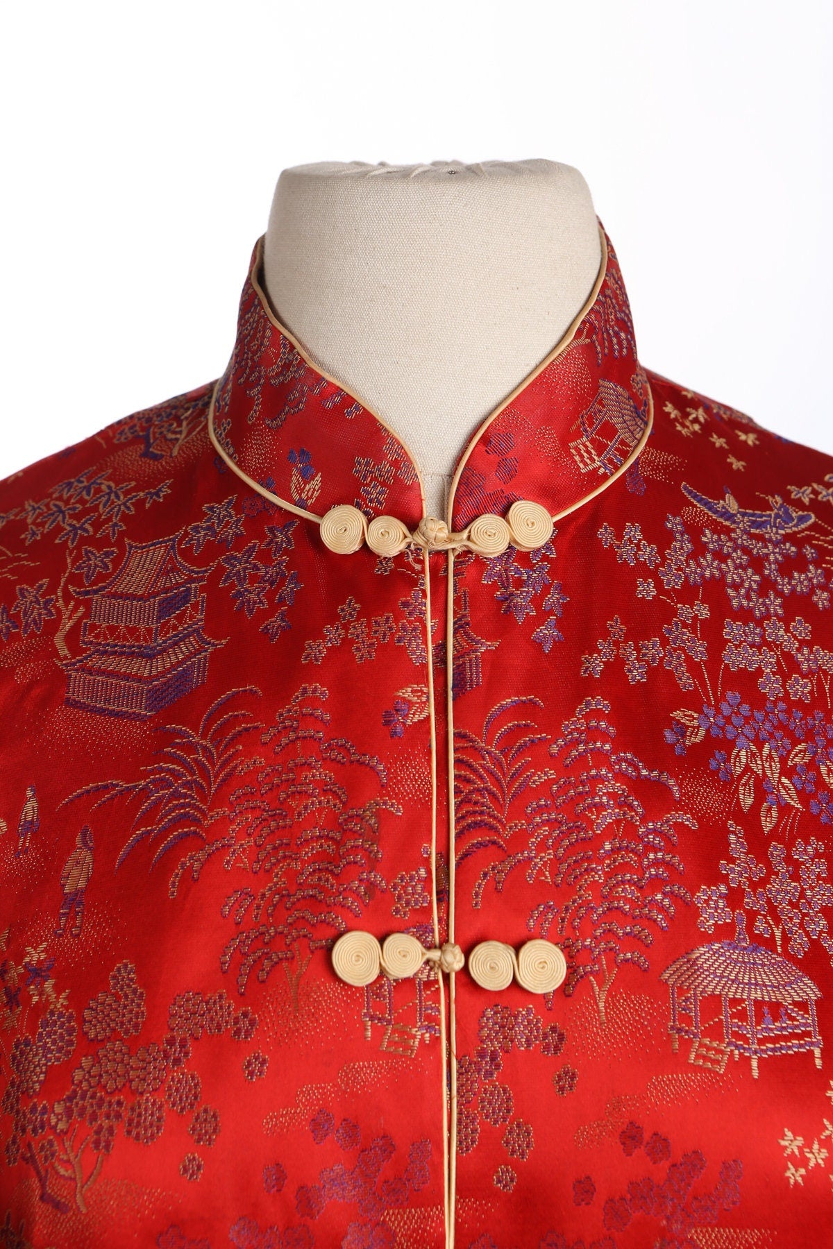 Vintage Cheongsam Jacket - Red Brocade Plant Print