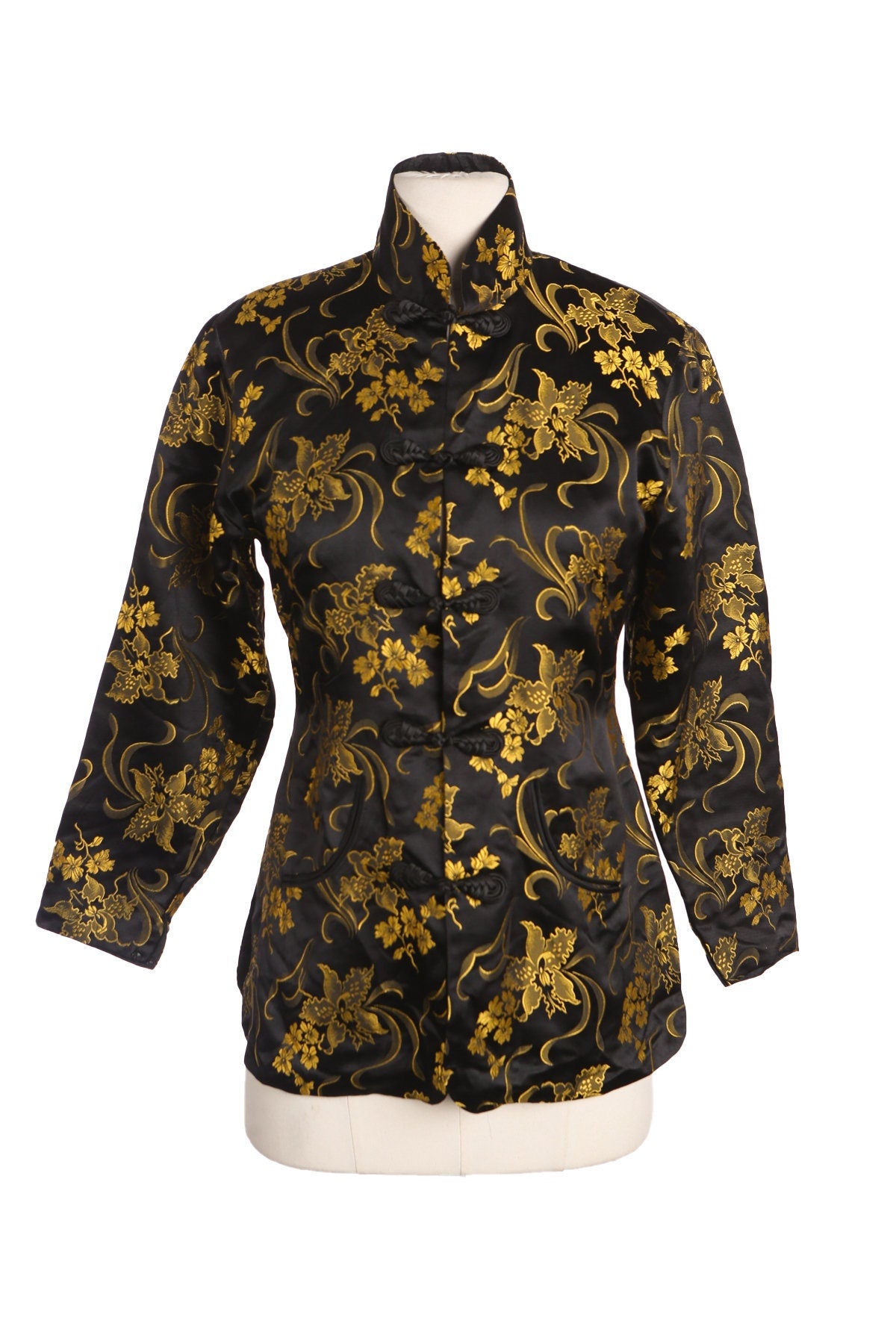 Black Cheongsam Jacket with Yellow Flower Designs