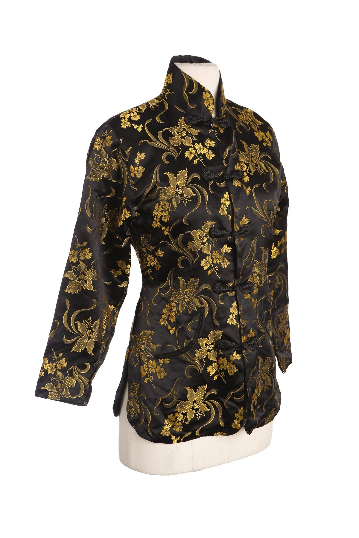 Black Cheongsam Jacket with Yellow Flower Designs