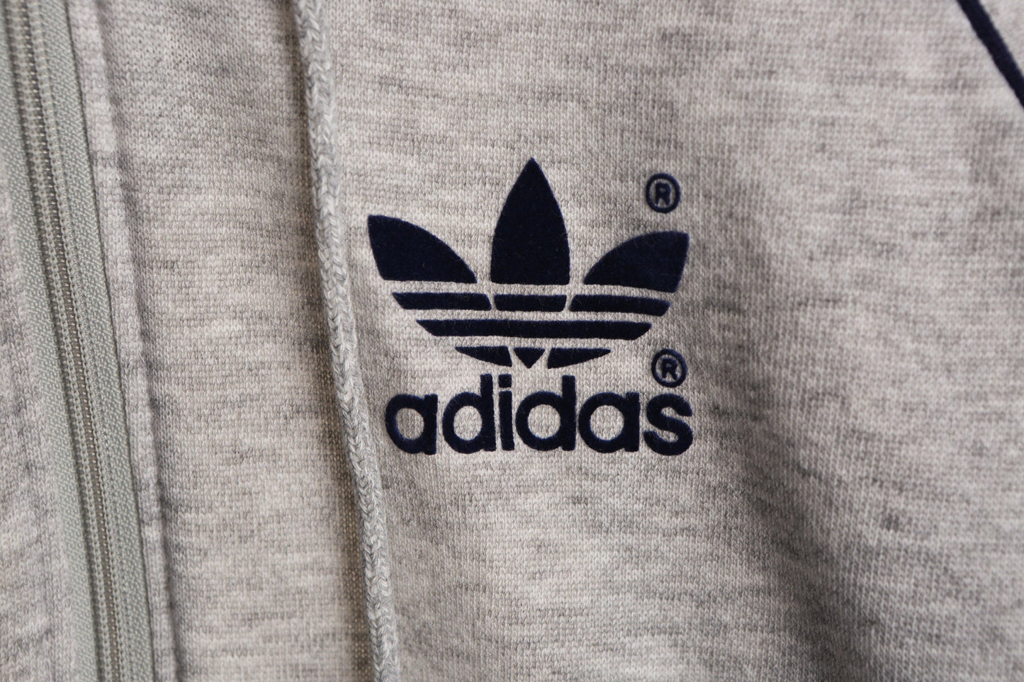 Vintage Adidas Gray Zipper Hoodie with Blue Striped Sleeves