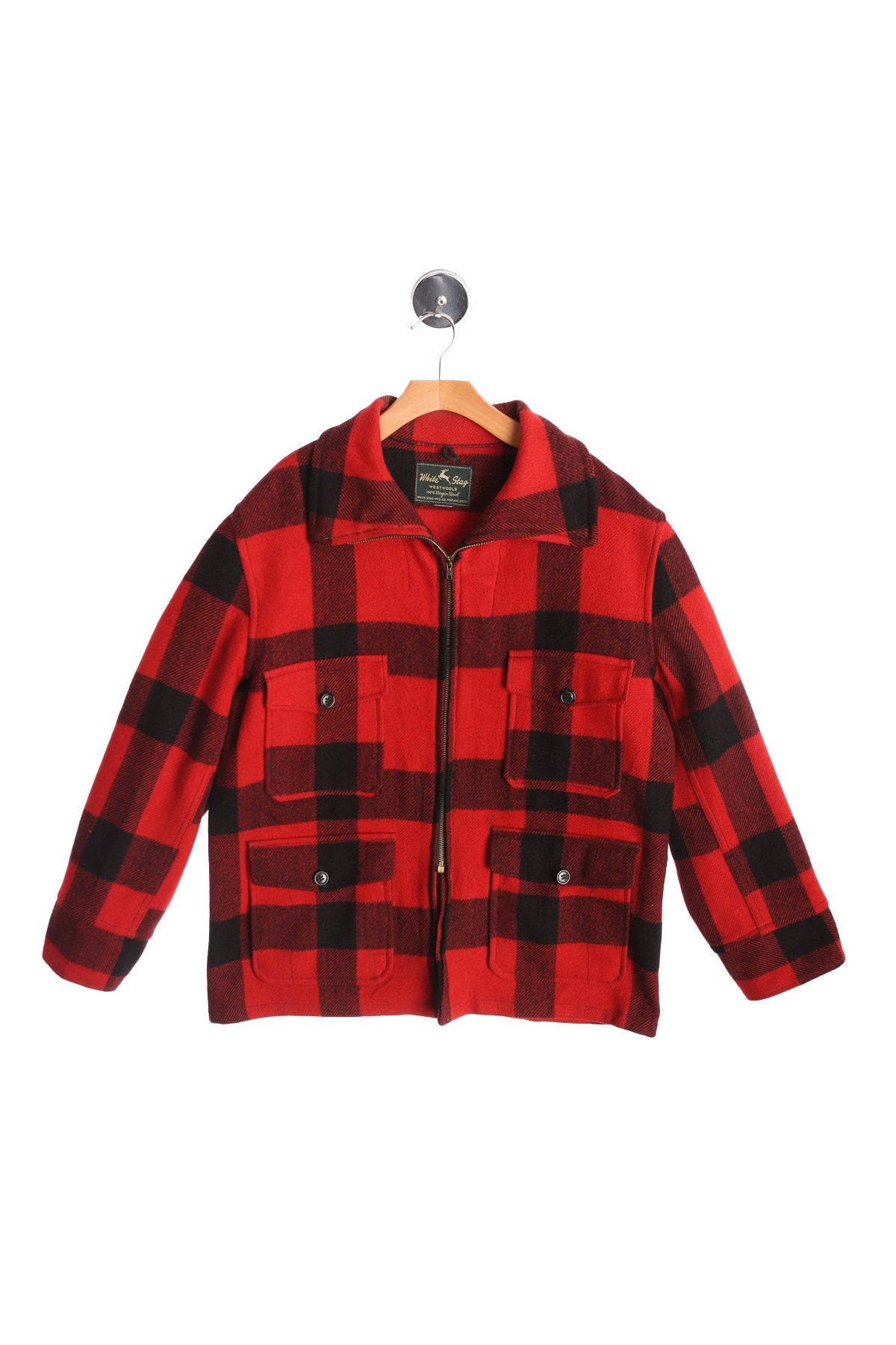 White Stag Men Red Plaid Wool Jacket - Hunters Style - Four Pockets - Zipper Closure