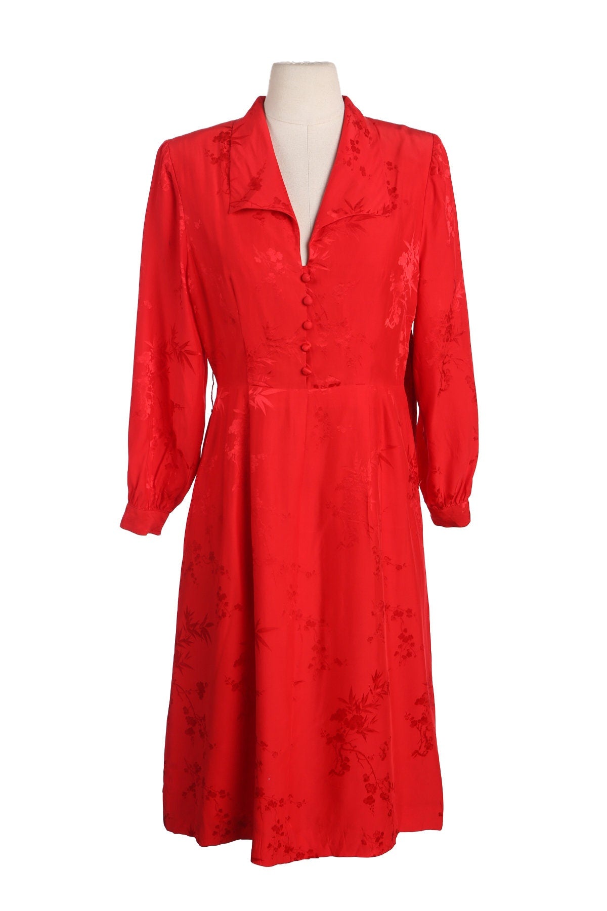 Vintage Women Red Casual Dress with Plant Print Design