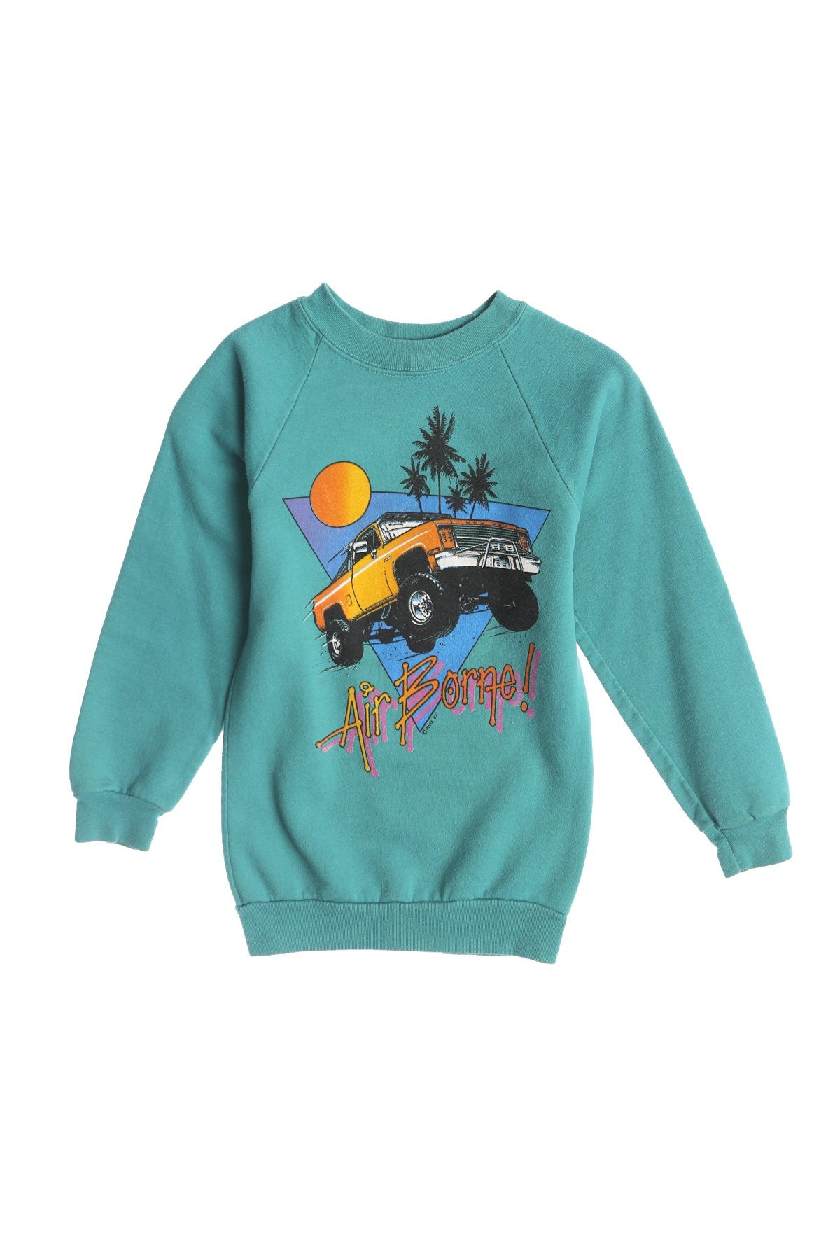 Vintage Green Sweatshirt with Air Borne! Yellow Truck Beach Print