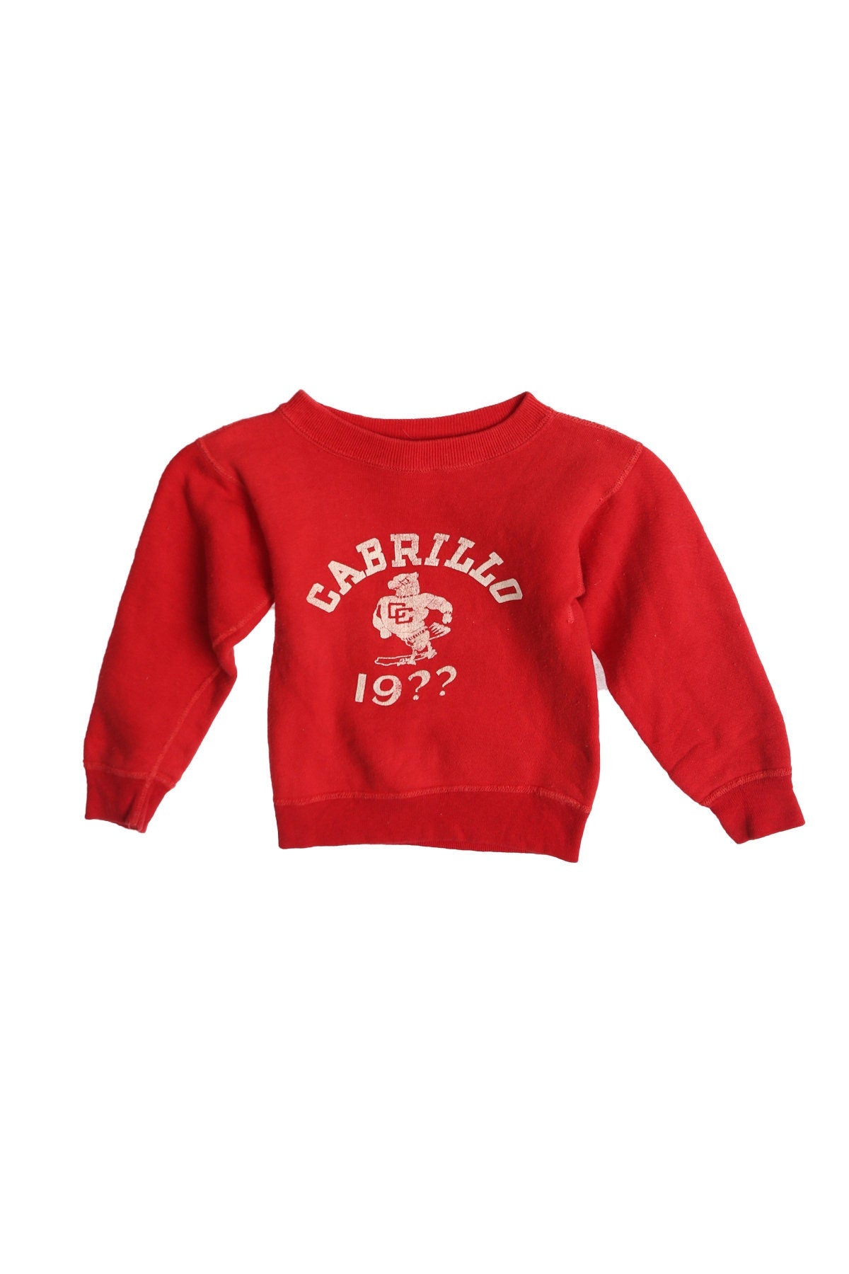 Vintage Champion Kids Red Crew Neck Sweatshirt with Cabrillo Print - Era 40s - 50s