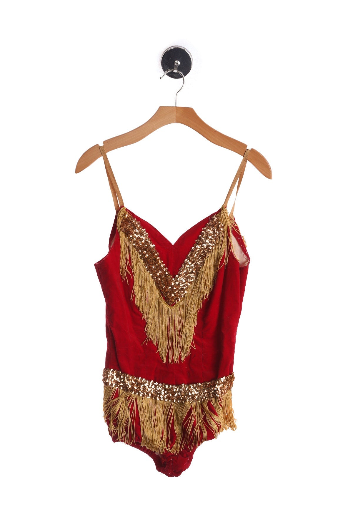 Women Red Velvet Leotard with Golden Fringe Details - Era 50s - 60s