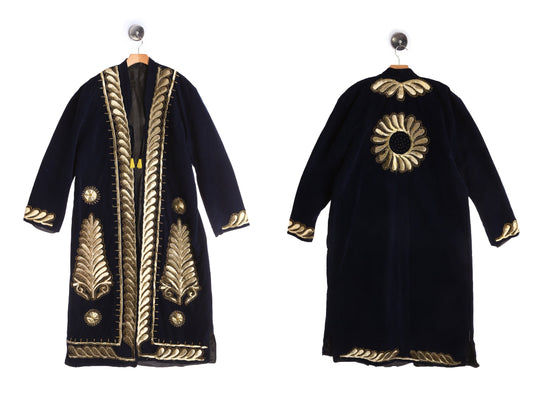 Vintage Blue Velvet Women Golden Embroidery Robe