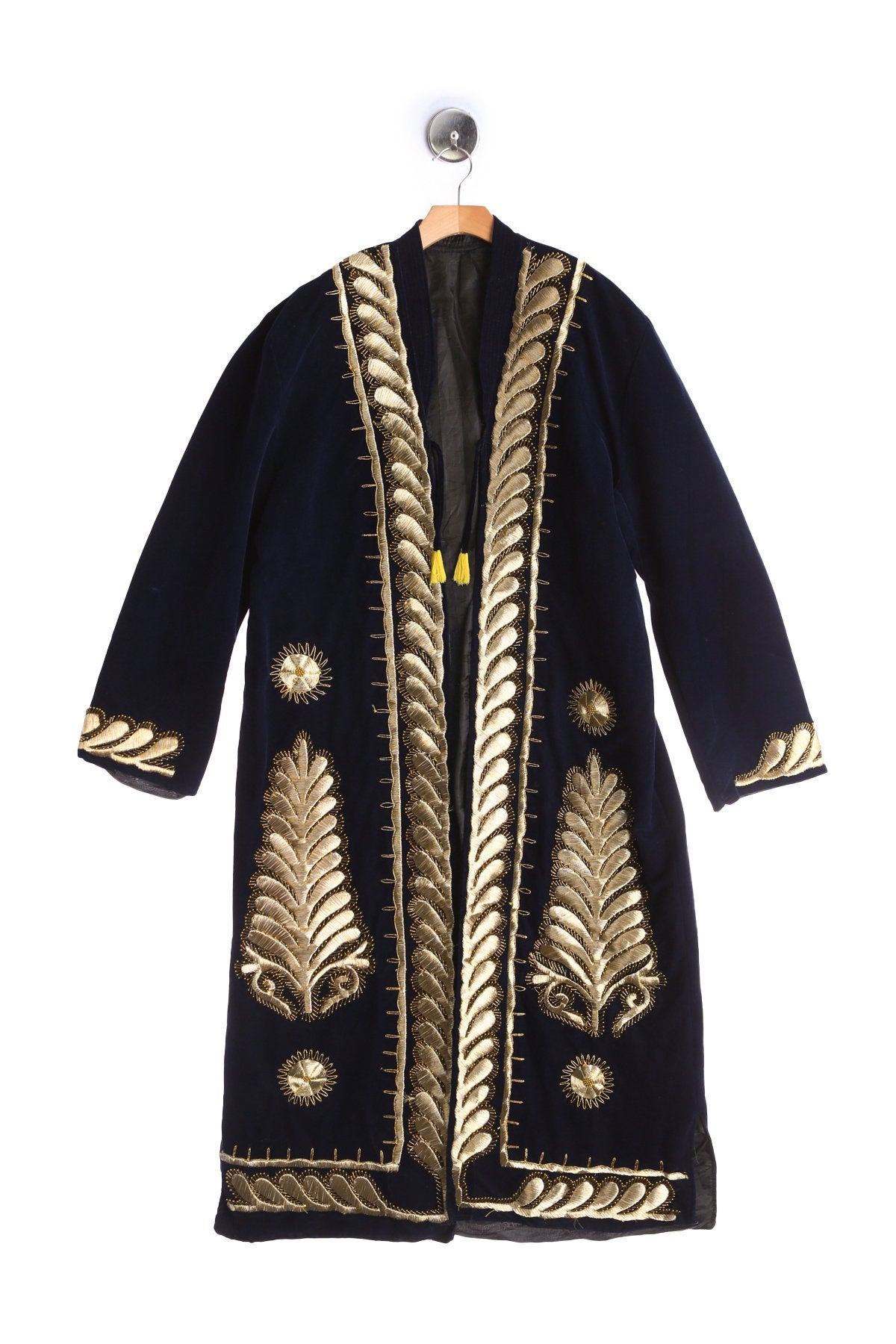 Vintage Blue Velvet Women Golden Embroidery Robe