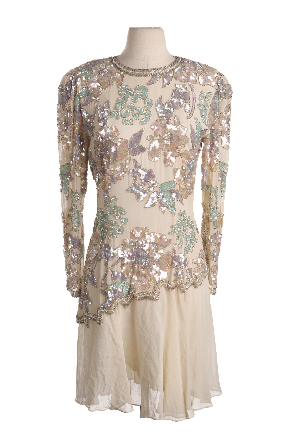 Vintage Women Beige Sequin Floral Design Long Sleeve Dress