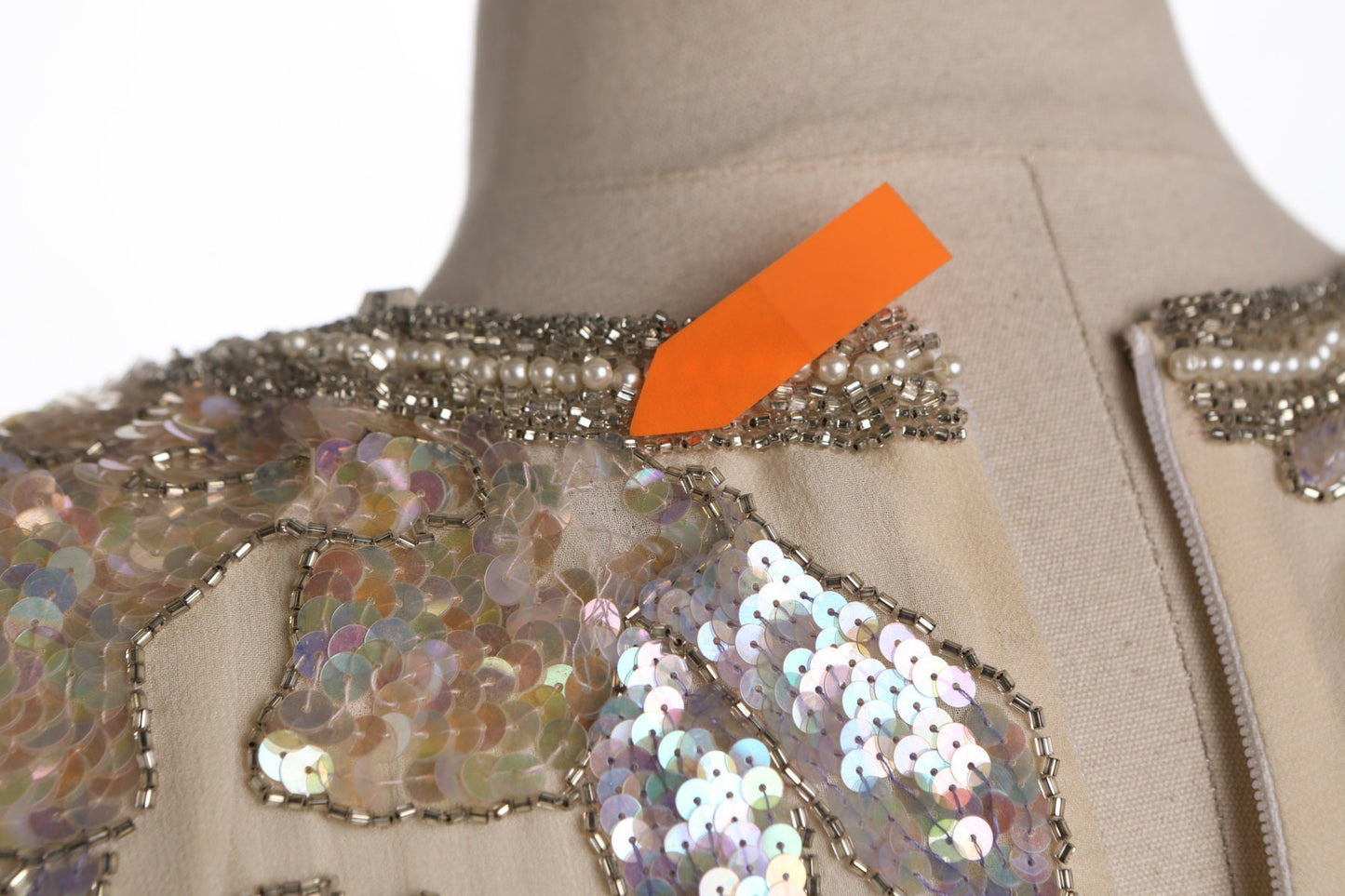 Vintage Women Beige Sequin Floral Design Long Sleeve Dress