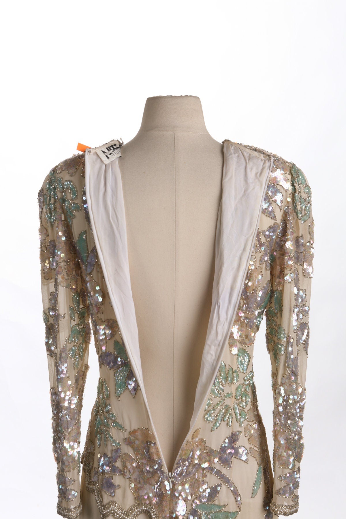 Vintage Women Beige Sequin Floral Design Long Sleeve Dress