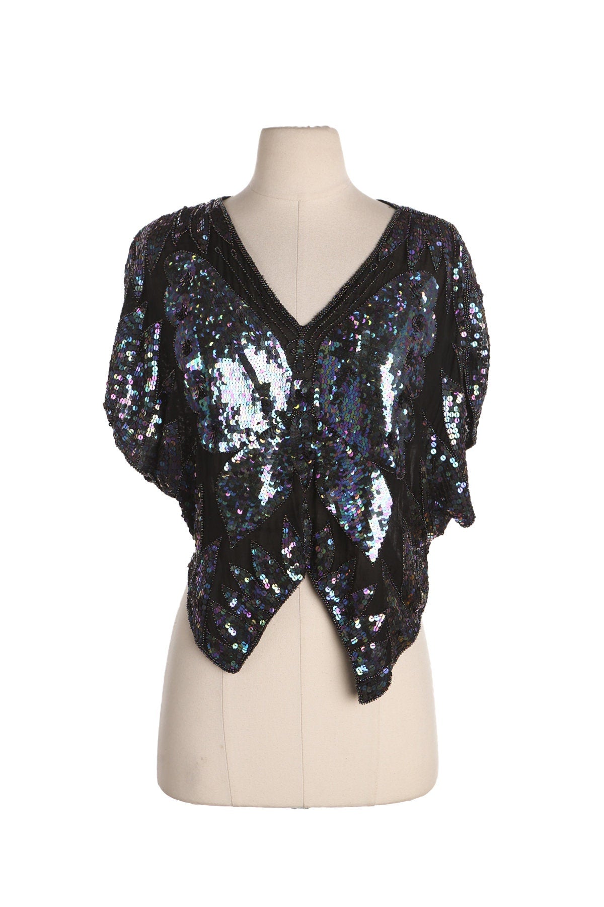 Women Black Sequin Top with Butterfly Design