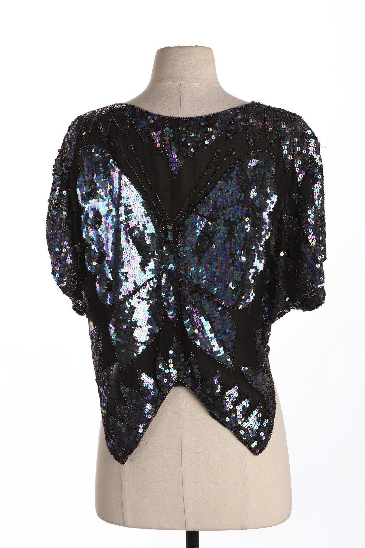 Women Black Sequin Top with Butterfly Design