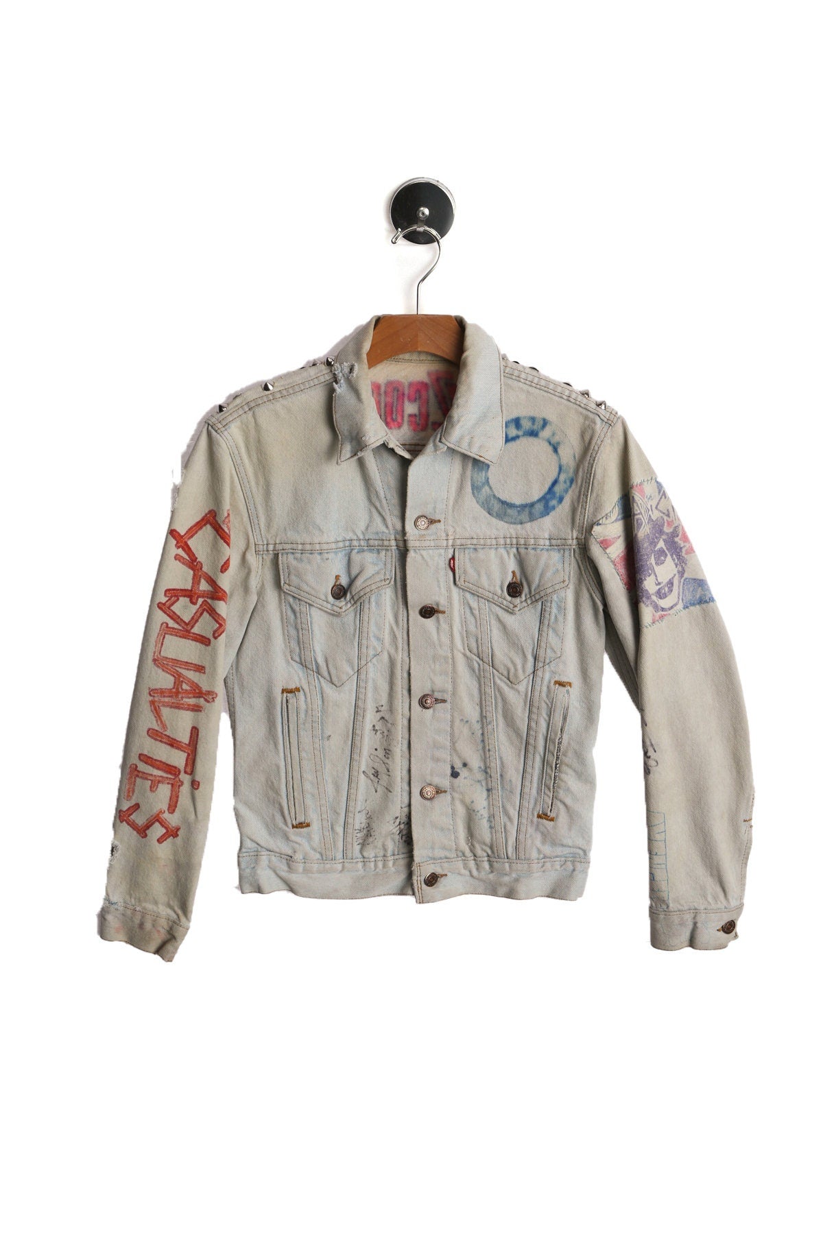 Punk Rock Costume Made Denim Jacket with Studded Back - Hand Painted - Back Patchwork