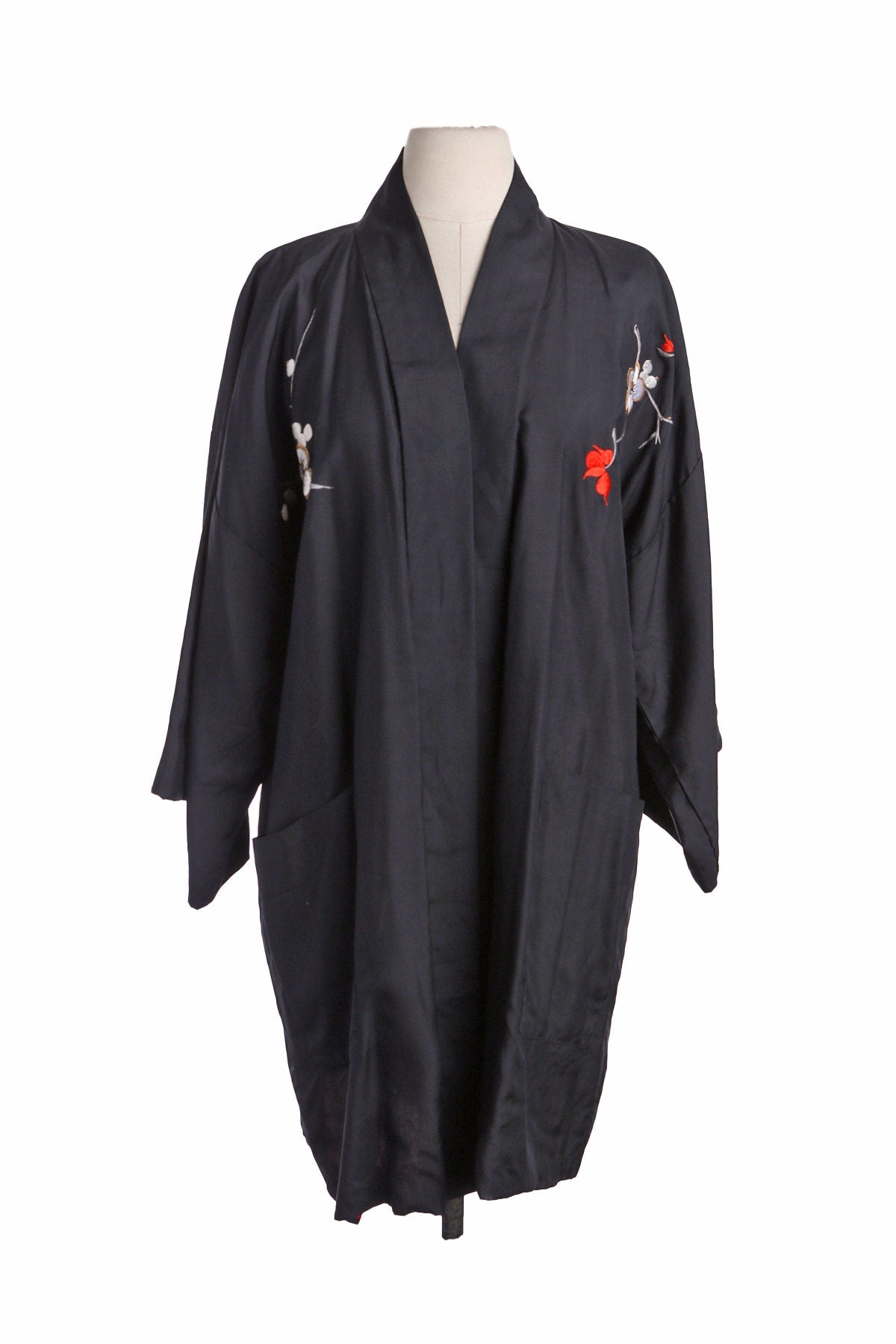 Vintage Black Kimono with Back Flower Embroidery and Bambo Print Inside Lining